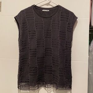ZARA Fishnet Cap Sleeves Sleeveless shirt top t tee gray mod boho layers S SMALL